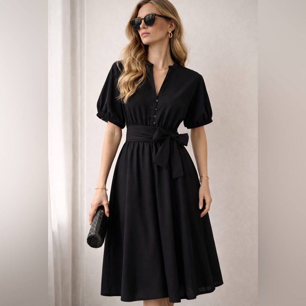 LUMINA Black Cotton Midi Dress – Made in Italy